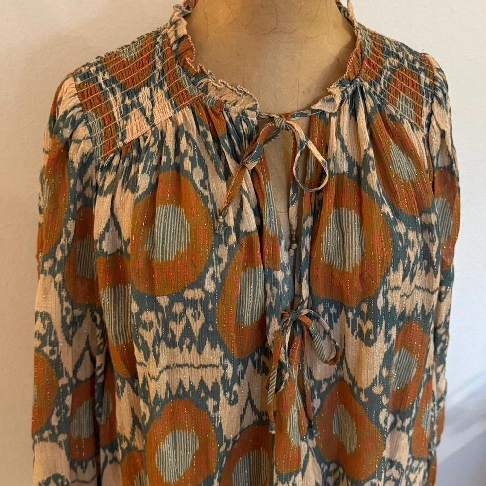 Ulla Johnson sz 12 Anita Blouse Nimbus Orange and Cream Patterned Blouse - Picture 2 of 8